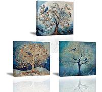 Piy Painting Toile Tableaux Arbre Abstrait Bleu Impression sur Toile Photo Tendues et Encadrée Prêt Suspendre Toile Tableau Décoration Murale en Cadeau pour Chambre à Coucher Galerie 3X 30x30cm