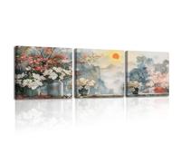 PIY PAINTING Toile Tableaux Paysage, Lever du soleil, Montagne, Impression sur Toile Fleurs épanouies Décoration Murale, Art Mural pour Chambre Bureau Galerie 3 pièces 30x30cm, Cadre Intérieur en bois