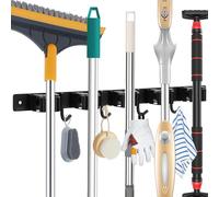 Piyl Support mural pour balai et serpillère - 5 supports et 4 crochets pour balais - Organiseur de serpillère en acier inoxydable robuste pour la maison, la cuisine, le jardin, la buanderie, le