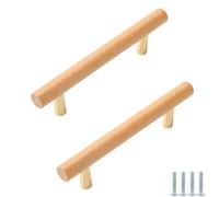 PIYYQNY Bouton Porte Placard 2 Pièces Poignées De Porte D'Armoire En Bois Poignées De Tiroir En Bois Base Élargie En Laiton Massif Avec Vis Convient Aux Armoires De Cuisine Armoires(Hêtre 320mm)