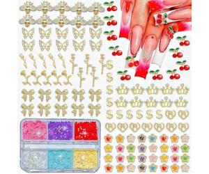 Pizadix Lot de 135 breloques dorées 3D pour ongles avec abeilles, papillons, roses, nœuds, cerises, dollars, couronnes, pétales de fleurs de cerisier Y2k avec boîte de fleurs
