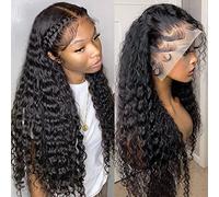 Pizazz Perruques de cheveux humains ondulés avec dentelle frontale de densité 220 % pré-frites avec cheveux de bébé ligne naturelle 33 x 10,2 cm sans colle pour femme noire couleur