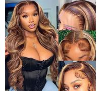 Pizazz Perruques de cheveux humains pré-épilés avec ligne de cheveux naturelle 33 x 10,2 cm, sans colle, densité 180, mèches frontales 4/27, blond miel