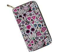 Pizding Portefeuille en cuir pour femme - Pour voyage, affaires, shopping, argent - Fermeture éclair - Cadeau d'anniversaire pour filles, Suger Skull (Rose) - wallet-25