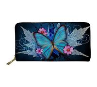 Pizding Portefeuille en cuir pour femme - Pour voyage, affaires, shopping, argent - Fermeture éclair - Cadeau d'anniversaire pour filles, Papillon bleu (Bleu) - wallet-33