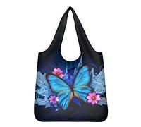 Pizding Sacs fourre-tout réutilisables avec pochette - Sacs cadeaux uniques lavables en tissu indéchirable durable et léger - Bleu vintage - Motif papillon et feuille d'érable, 1 papillon vintage,