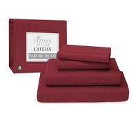 Pizuna 100% Coton Parure de Lit 180x200 cm Rouge Rio, Tissu de Satin de Coton à 600 Fils au Pouce carré Comprend 1 Drap Housse, 1 Drap Plat, 2 Taie d'oreiller (Coton Draps 2 Personnes)