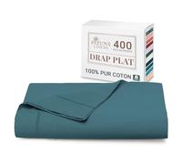 Pizuna Coton Peigné Drap Plat 2 Personnes 240x280 cm Bleu Paon, 100% Coton Longue Tige 400 Fils Armure Satin Drap Plat de Luxe avec Ourlet élégant (Bleu Paon)