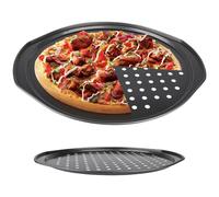 Pizza Pans 14 pouces en acier à pizza antiadhésive sans pied avec trous et manipuler un plateau rond de 0, 4 mm d'épaisseur pour les gâteaux à pain cuisinier