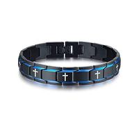 PJ JEWELLERY Bracelet à maillons en acier inoxydable 2 tons noir et bleu avec symbole de la croyance religieuse pour homme, garçon, frère, mason, cadeau pour homme, 8.2 inches, Métal