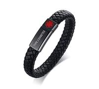 PJ JEWELLERY Bracelet d'identification médicale en cuir véritable tressé pour homme avec fermeture magnétique en acier inoxydable, 8.2 inches, Métal Cuir