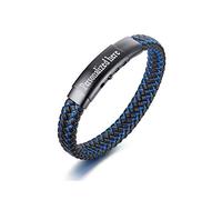 PJ JEWELLERY Bracelet en cuir tressé personnalisé pour papa avec inscription « Best Dad » - Gravure personnalisée - Bleu et noir - Pour père de fils et fille - Cadeau d'anniversaire ou de fête des