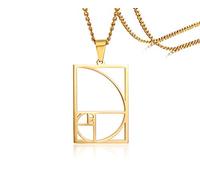 PJ JEWELLERY Collier en acier inoxydable plaqué or Fibonacci Sequence Ratio Pendentif spirale Fibonacci pour homme et femme