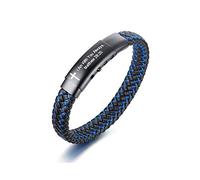 PJ JEWELLERY Verset biblique inspirant Citations chrétiennes Bracelet en cuir Personnalisé Croix Motivante 2 tons Bleu Bracelet tressé pour hommes garçons Cadeau religieux, Métal Cuir
