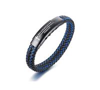 PJ JEWELLERY Verset biblique inspirant Citations chrétiennes Bracelet en cuir Personnalisé Croix Motivante 2 tons Bleu Bracelet tressé pour hommes garçons Cadeau religieux, Métal Cuir
