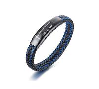 PJ JEWELLERY Verset biblique inspirant Citations chrétiennes Bracelet en cuir Personnalisé Croix Motivante 2 tons Bleu Bracelet tressé pour hommes garçons Cadeau religieux, Métal Cuir