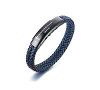 PJ JEWELLERY Verset biblique inspirant Citations chrétiennes Bracelet en cuir Personnalisé Croix Motivante 2 tons Bleu Bracelet tressé pour hommes garçons Cadeau religieux, Métal Cuir