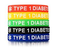 PJ JEWELRY Lot de 5 bracelets d'identification médicale en caoutchouc de silicone de type 1 pour diabète, 5 couleurs, 9 inch, Silicone
