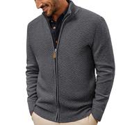 PJ PAUL JONES Cardigan en tricot côtelé à col montant pour homme avec fermeture éclair intégrale, gris foncé, S