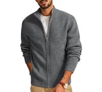 PJ PAUL JONES Cardigan en tricot côtelé pour homme - Manches longues - Veste d'hiver en maille fine - Pull avec col montant et fermeture éclair, gris foncé, XL