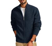 PJ PAUL JONES Cardigan en tricot côtelé pour homme - Manches longues - Veste d'hiver en maille fine - Pull avec col montant et fermeture éclair, bleu marine, XXL