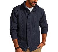 PJ PAUL JONES Cardigan en tricot pour homme avec fermeture à boutons - Motif torsadé - Cardigan avec col montant côtelé - Pour l'automne et l'hiver, bleu foncé, XXL