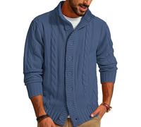 PJ PAUL JONES Cardigan en tricot pour homme avec fermeture à boutons - Motif torsadé - Cardigan avec col montant côtelé - Pour l'automne et l'hiver, bleu, XL