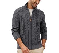 PJ PAUL JONES Cardigan en tricot pour homme avec fermeture éclair, col montant, cardigan torsadé, gris foncé, S
