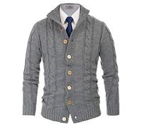 PJ PAUL JONES Cardigan pour homme avec fermeture à boutons Motif torsadé Cardigan avec col montant côtelé pour l'automne et l'hiver, gris clair, XXL