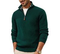 PJ PAUL JONES Pull à col en V en maille avec fermeture éclair 1/4 pour homme à manches longues avec col roulé, Vert, M