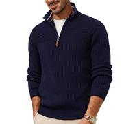 PJ PAUL JONES Pull à col en V en maille avec fermeture éclair 1/4 pour homme à manches longues avec col roulé, bleu marine, S