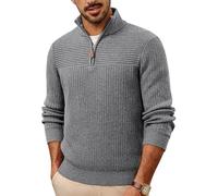 PJ PAUL JONES Pull à col en V en maille avec fermeture éclair 1/4 pour homme à manches longues avec col roulé, gris foncé, S