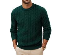 PJ PAUL JONES Pull en tricot torsadé pour homme, coupe droite, col rond, doux, vert foncé, L
