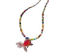Pjeghbvop Collier avec pendentif en forme de poisson rouge, collier de perles de riz, pendentif en résine, chaîne de clavicule, vacances, poissons rouges, collier bohème, collier de perles colorées