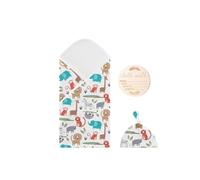 Pjeghbvop Lot de 3 couvertures pour bébé avec bonnet et carte de nom, sac de couchage doux et respirant pour nouveau-né, serviette à langer et couverture en mousseline avec bonnet, Animal World