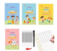 Pjjrdh Magic Practice Scribe Book Set,Livre Cahier Calligraphie Enfant Réutilisé,4 Livres Calligraphie Enfant Magique + 1 Stylo + 10 Recharges +1 Grip,Guide Doigts Ecriture Enfant Pour 3-5 Ans-French