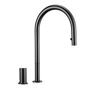 PJKTBEYI Robinet de lavabo Cuisine Salle Bain monté sur Le Pont, Eau Chaude et Froide, Chrome Noir, poignée Unique, Double Trou, extractible(Black Faucet)
