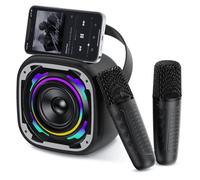 PKBD Mini Machines de Karaoké avec 2 Microphones pour Enfants, Enceinte Bluetooth Portable sans Fil avec Support Téléphone/Lumière Dynamique/Effets de Changement de Voix,Noir