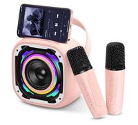 PKBD Machine à karaoké 2 Microphones pour Enfants Adultes, Haut-Parleur Bluetooth sans Fil avec lumière Dynamique/Support de téléphone/Microphone changeur de Langue, Machines à karaoké, Rose