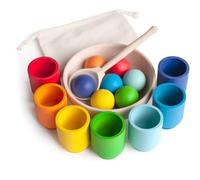 PKKP Montessori Jouet à partir de 1 an - 7 boules de 30 mm - Boules en bois arc-en-ciel dans des tasses - Jouet pour bébé à partir de 2, 3, 4, 5 ans
