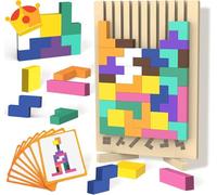 PKKP Puzzle en bois Tetris 3D avec 42 pierres et 10 cartes de défi, jouet Montessori - Cadeau pour puzzle en bois - Jeu Tetris à partir de 3, 4, 5, 6 ans (A)