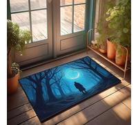 PKRD Décoration de chambre amusante - Une figurine solitaire se tient dans une forêt sombre et étrange sous un croissant de lune tourbillonnant - Paillasson d'extérieur - Tapis d'automne pour salle de