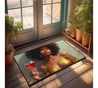 PKRD Tapis pour chaussures par porte Une femme dans une robe dorée tenant un verre de vin rouge. Paillasson Printemps extérieur Tapis Tiki Bar Décorations (65 x 90 cm)