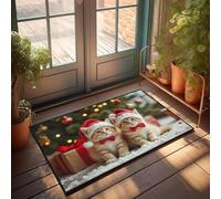 PKRD Welcome-Ish Paillasson avec deux chatons dans un chapeau de Père Noël assis près d'un arbre de Noël Décoration de cuisine amusante (50 x 80 cm)