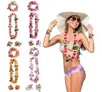 PLABBDPL 16 Pièces Tropical Hawaien Lei Luau Fleurs Coloré Colliers, Hawaiian Fleurs Guirlande Thème Décorations de Fête pour Luau Hawaiian Plage Mariage Pique-Nique Fête Party Vacances