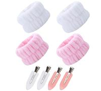 PLABBDPL 4 pcs bandeau poignet avec 4 pinces à cheveux, poignet eponge, manchette poignet femme, bandes de poignet absorbantes d'eau (blanc, rose)