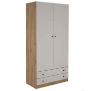 Placard armoire meuble de rangement de 2 portes et 2 tiroirs coloris Chêne/gris - Hauteur 205 x Longueur 100 x Profondeur 51 cm