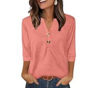 Placitiume Chemises Henley à manches 3/4 pour femmes, hauts tendance d'automne décontractés pour les enseignants, Poudre de corail., S