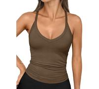 Placitiume Débardeur côtelé à bretelles spaghetti pour femme, coupe ajustée, col en V, chemise basique d'été douce, Café 150, L