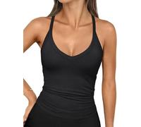 Placitiume Débardeur côtelé à bretelles spaghetti pour femme, coupe ajustée, col en V, chemise basique d'été douce, Noir , XL